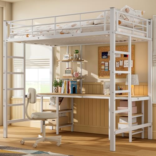 Mielvu Eisenrahmenbett, Etagenbett mit Tisch und Regalen, Geeignet für Kinder und Jugendliche, Kinderbett mit Seitenleiter, mit Fallschutzgitter, Eisen + MDF, Weiß, 90x200cm Mielvu Eisenrahmenbett, Etagenbett mit Tisch und Regalen, Geeignet für Kinder und Jugendliche, Kinderbett mit Seitenleiter, mit Fallschutzgitter, Eisen + MDF, Weiß, 90x200cm von Mielvu