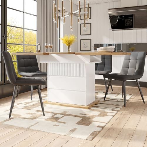 Mielvu Esstisch Teleskoptisch(110-140×80cm), klappbarer Küchentisch für 4-6 Personen, Ausziehbarer,platzsparender Küchentisch,für Küche und Wohnzimmer,DREI Ablageebenen (weiß) von Mielvu