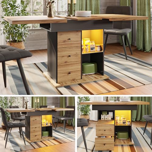 Mielvu Esstisch Teleskoptisch(110-140×80cm), klappbarer Küchentisch für 4-6 Personen, Ausziehbarer Esstisch,platzsparender Küchentisch,für Küche und Wohnzimmer,Tisch mit LED-Beleuchtung von Mielvu