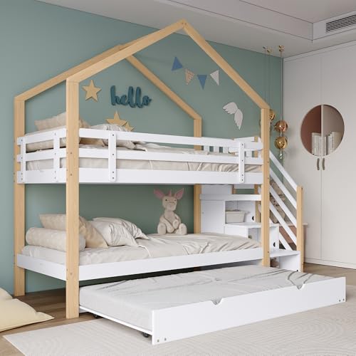 Mielvu Etagenbett, Ausziehbares Baumhausbett, Schiebebett, Treppe mit 3 Schubladen, Kinderbett mit Absturzsicherung und Kinderbettgitter, mit Lattenroste, Natur+Weiß (90x200cm&90x190cm) [30813567NAA] von Mielvu