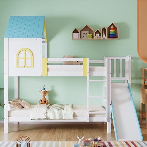 Mielvu Etagenbett, Hausbett, Kinderbett, Kinderbett mit Dach und Fenster, mit Fallschutz und Gitter, mit dreistufiger Leiter, mit Rutsche, Kiefer+MDF, Weiß+Blau, 90x200cm Mielvu Etagenbett, Hausbett, Kinderbett, Kinderbett mit Dach und Fenster, mit Fallschutz und Gitter, mit dreistufiger Leiter, mit Rutsche, Kiefer+MDF, Weiß+Blau, 90x200cm von Mielvu