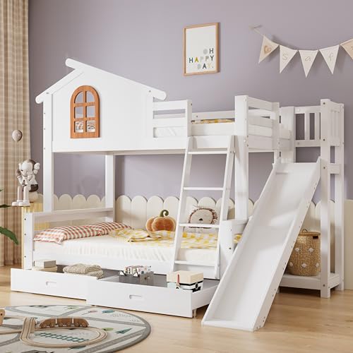 Mielvu Etagenbett mit charakteristischen Fenstern und vierstufiger Kipptreppe, Kinder und Mutterbett mit mit Rutsche, mit Zwei Schubladen, Bettrahmen aus Massivholz, Weiß, 90x200 & 120x200cm Mielvu Etagenbett mit charakteristischen Fenstern und vierstufiger Kipptreppe, Kinder und Mutterbett mit mit Rutsche, mit Zwei Schubladen, Bettrahmen aus Massivholz, Weiß, 90x200 & 120x200cm von Mielvu