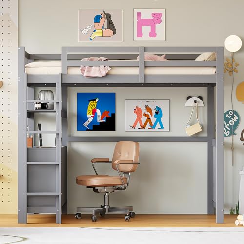 Mielvu Hochbett 90 * 200cm, vertikale Sicherheitsleiter, Schubladen und Regale, hohes Zaundesign, Lattenrost, Bett aus Kiefernholz, Einzelbett aus Holz (Grau) von Mielvu