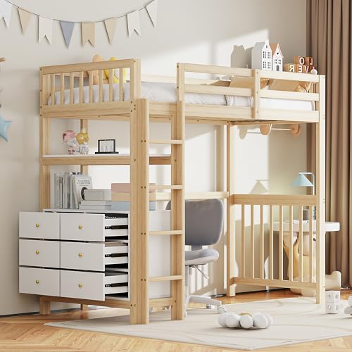 Mielvu Hochbett 90 * 200cm, vertikale Sicherheitsleiter, Schubladen und Regale, hohes Zaundesign, Lattenrost, Bett aus Kiefernholz, Einzelbett aus Holz (Holzfarbe + Weiß) von Mielvu