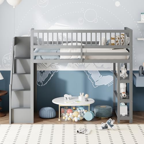 Mielvu Hochbett 90 x 200, Hochschrank-Sicherheitsdesign mit Kleiderschrank, Regalen und Stauraum mit Sicherheitskletterleiter, multifunktionales Holzbett, Kinderbett, Einzelbett (grau) von Mielvu