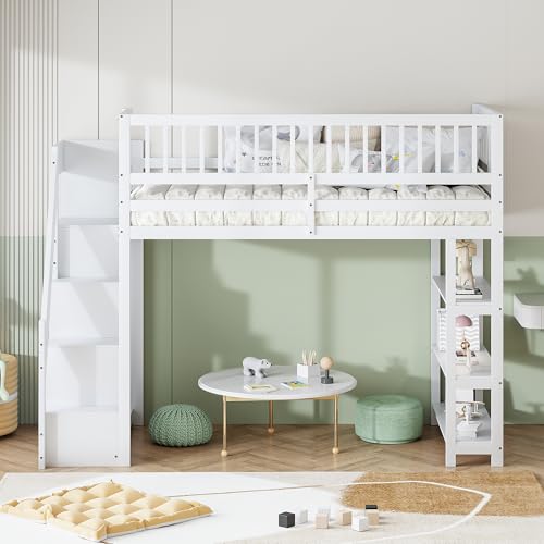 Mielvu Hochbett 90 x 200, Hochschrank-Sicherheitsdesign mit Kleiderschrank, Regalen und Stauraum mit Sicherheitskletterleiter, multifunktionales Holzbett, Kinderbett, Einzelbett (weiß) von Mielvu