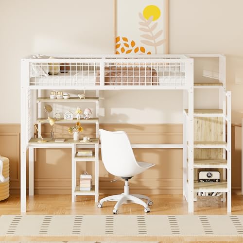Mielvu Hochbett 90x200 mit Sicherheitsleiter, Kinderbett mit Eisenrahmen Kleiderschrank und Computertisch (Weiß) von Mielvu