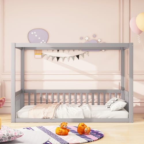 Mielvu Kinder-Standbett 90 x 200 cm, Himmelbett Massivholz Bettgestell für Kinder Jugendliche (Grau) von Mielvu