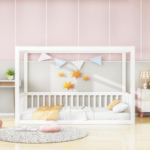 Mielvu Kinder-Standbett 90 x 200 cm, Himmelbett Massivholz Bettgestell für Kinder Jugendliche (Weiß) von Mielvu