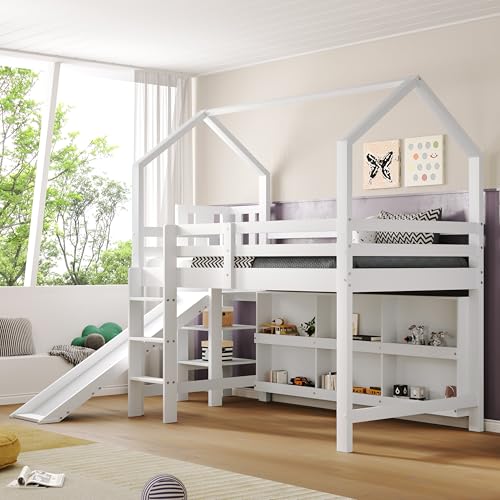 Mielvu Kinderbett, Einzelbett, 90 * 200 cm, Multifunktionales Kinderbett,Mit Rutsche & Treppen & Schließfach & Regal,Ohne Matratze, Massivholz+MDF, Weiß von Mielvu