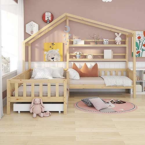 Kinderbett Hausbett mit Schubladen und Regalen, Massivholz mit Zaun und Lattenrost, L-Struktur, Natur (90x200 cm+140x70cm) von Mielvu