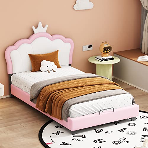 Mielvu Kinderbett Polsterbett 90 * 200cm mit Lattenrosten und Rückenlehne, Mädchenbett mit Kronenformung, rosa (Matratze Nicht enthaltet) von Mielvu