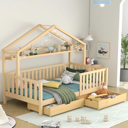 Kinderbett in Holzfarbe,Kinderbett Hausbett mit Schubladen,Massivholz mit Lattenrost, Kiefernholz Hausbett, Kinder und Jugendzimmer,90x200,Natur von Mielvu