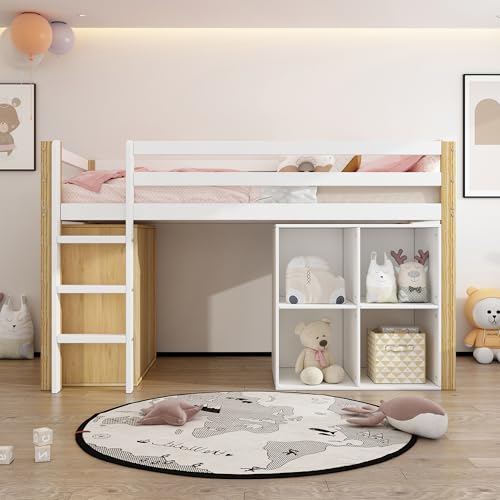 Mielvu Kinderhochbett, multifunktionales Kinderbett, einzelnes Kinderbett, mit 2 Aufbewahrungsschrank und Leiter, ohne Matratze, 90 x 200 cm, Natur + Weiß von Mielvu