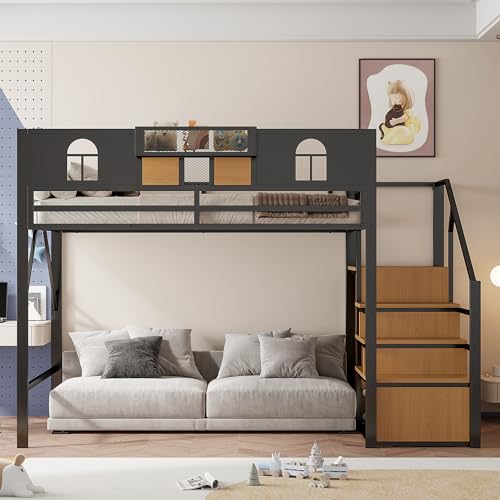 Mielvu Metall-Hochbett 140 x 200 cm, Mit Stauraumleiter, Fenster, Holzplatten und Netzgewebe, Einzigartige Erhöhte Umzäunung, Ablagefläche Am Bett, Stabiler Metallrahmen (Schwarz) von Mielvu