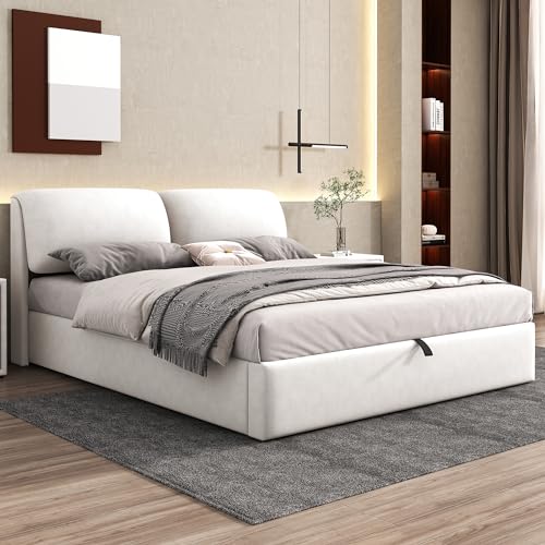 Mielvu Polsterbett, 180 * 200, hydraulisches Bett, DREI Schubladen, Bettkasten zur Aufbewahrung, Lattenrost mit Kopfteil, ohne Matratze, Samt (Beige) von Mielvu