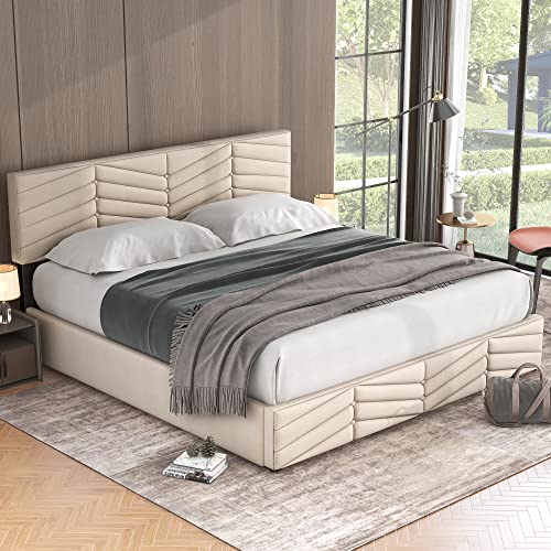 Mielvu Polsterbett,Doppelbett,hydraulisches Funktionsbett,Samt,Streifen-Stil,Continentalbett,höhenverstellbares Kopfteil,160 x 200 (beige) von Mielvu