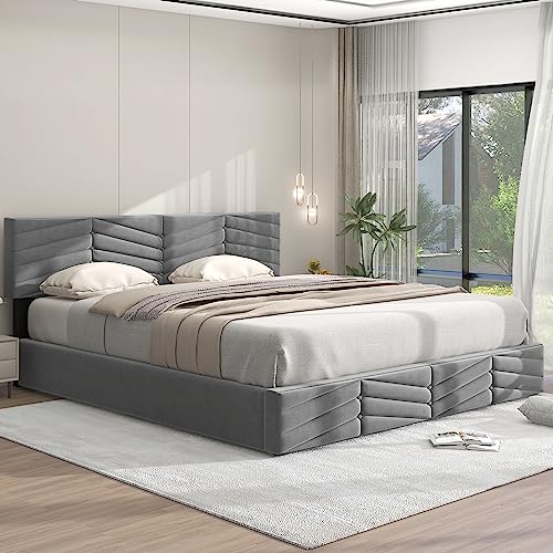 Mielvu Polsterbett,Doppelbett,hydraulisches Funktionsbett,Samt,Streifen-Stil,Continentalbett,höhenverstellbares Kopfteil,160 x 200 (grau) von Mielvu
