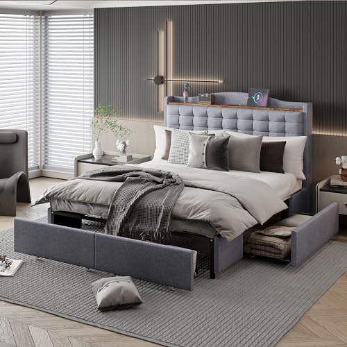 Mielvu Polsterbett 140 * 200 cm, Nachttisch mit USB-Ladeanschluss und Ablage, Doppelflachbett mit 4 Schubladen, Leinenstoff (Hellgrau) von Mielvu