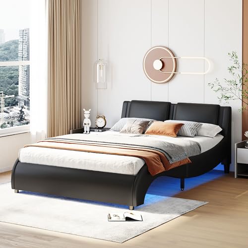 Mielvu Polsterbett 140 * 200cm Kunstlederbett mit LED-Lichtbettgestell mit Lattenrosten (Schwarz) von Mielvu