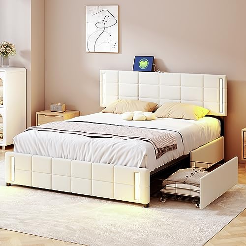 Mielvu Polsterbett 140 * 200cm mit LED-Lichtsteckdose 4 Schubladen hautfreundliches Leinen gepolstert flaches Einzelbett Kinderbett Jugendbett Gästebett Beige Mielvu Polsterbett 140 * 200cm mit LED-Lichtsteckdose 4 Schubladen hautfreundliches Leinen gepolstert flaches Einzelbett Kinderbett Jugendbett Gästebett Beige von Mielvu