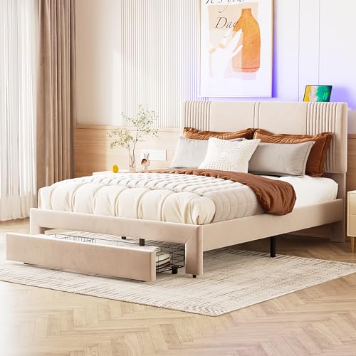Mielvu Polsterbett 140 x 200 cm, Doppelbett mit Lichtleiste und USB-Buchse, Rückenlehne und großer Schublade, hautfreundliches Doppelbett in Samtstoff, geeignet für Erwachsene und Jugendliche (Beige) von Mielvu