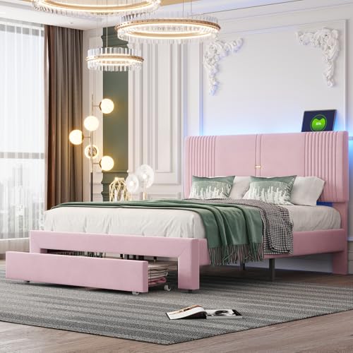 Mielvu Polsterbett 140 x 200 cm, Doppelbett mit Lichtleiste und USB-Buchse, Rückenlehne und großer Schublade, hautfreundliches Doppelbett in Samtstoff, geeignet für Erwachsene und Jugendliche (Rosa) Mielvu Polsterbett 140 x 200 cm, Doppelbett mit Lichtleiste und USB-Buchse, Rückenlehne und großer Schublade, hautfreundliches Doppelbett in Samtstoff, geeignet für Erwachsene und Jugendliche (Rosa) von Mielvu