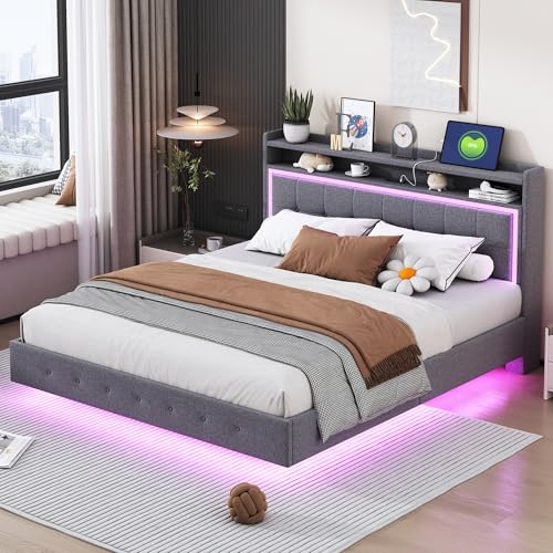 Mielvu Polsterbett 160 * 200, mit USB-Steckdose und LED-Licht, Bett kann am Kopfende des Bettes platziert Werden, verstecktes Fußdesign, Doppelflachbett, Leinenstoff Grau von Mielvu