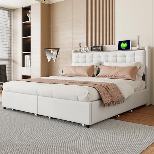 Mielvu Polsterbett 160 * 200 cm, Nachttisch mit USB-Ladeanschluss und Ablage, Doppelflachbett mit 4 Schubladen, Leinenstoff (Beige) von Mielvu