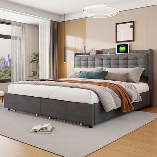 Mielvu Polsterbett 160 * 200 cm, Nachttisch mit USB-Ladeanschluss und Ablage, Doppelflachbett mit 4 Schubladen, Leinenstoff (Grau) von Mielvu