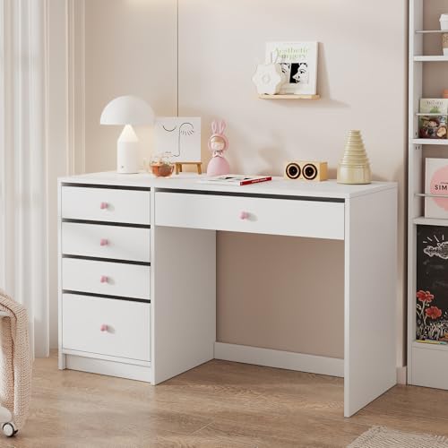 Mielvu Schreibtisch, Schlichter Kinderschreibtisch, Zeitloser Computertisch/Dressingtable, mit 5 Aufbewahrungsschubläden, rosa Keramikgriffen, für jedes Alter geeignet, weiß, 120×45×74 cm von Mielvu