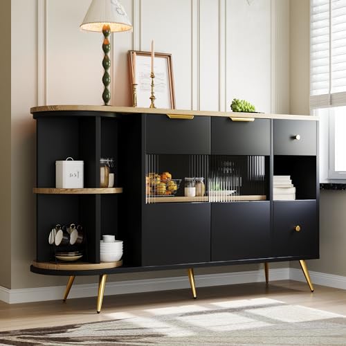 Mielvu Sideboard Esszimmer Wohnzimmer Aufbewahrungsschränke mit Glasschiebetüren und LED-Leuchten Holzanrichte Freistehende Schränke Buffetschränke Küchenmöbel Schwarz von Mielvu