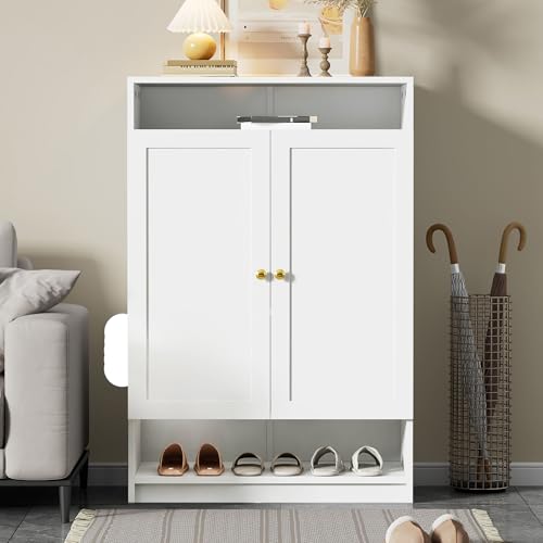 Moderne Schuhschrank, mit verstellbaren Regalen, goldenen Griffen, Schuhkommode mit 2 Türen, weiß, B73/D34/H109 Moderne Schuhschrank, mit verstellbaren Regalen, goldenen Griffen, Schuhkommode mit 2 Türen, weiß, B73/D34/H109 von Mielvu