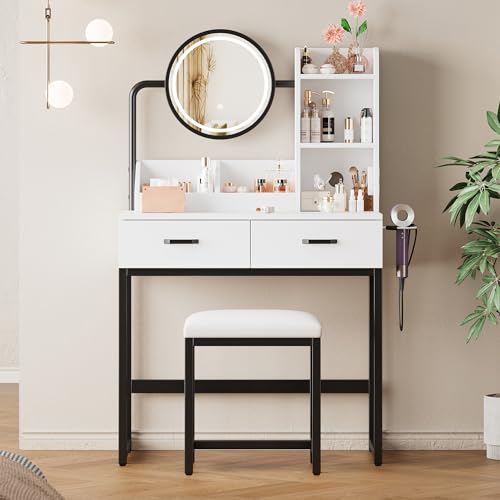 Moderner Schminktisch mit LED-Beleuchtung, drehbarem Spiegel & Steckdosen – inkl. Hocker & Metallbeinen – 2 Schubladen + 2 offene Ablageflächen, weiß, Maße: 80×138,5×40 cm (B×H×T) (Schwarz + Weiß) von Mielvu