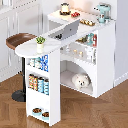 Moderner ausziehbarer Bartisch, ausziehbarer Esstisch, hochbeiniger Kleiner Bartisch, mit Lagerung und Haustierbereich, haustierfreundlich, geeignet für Esszimmer und Küche, weiß, 120 (+80)×40×100cm von Mielvu
