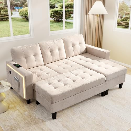 Multifunktionale L-Form Wohnzimmer-Sofagruppe: Mit extra großer beweglicher Fußbank + LED-Ambiente-Beleuchtung,Dreisitzer-L-Form-Sofa + Zweisitzer-Fußbank-Kombination (Beige) von Mielvu