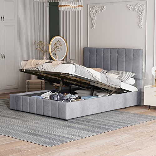 Polsterbett 140*200, Doppelbett mit Hydraulisch anhebbarer Bettstauraum ,höhenverstellbares Polsterkopfteil, Metalllattenrost, Hautfreundlicher Samtstoff Doppelbett Erwachsenen Jugendbett (Grau) von Mielvu