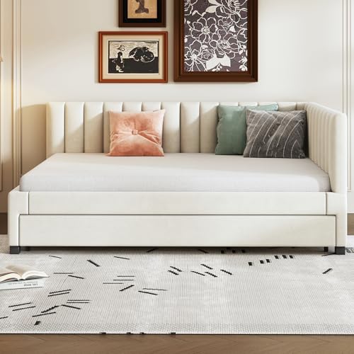 Polsterbett 140 * 200, Ausziehbares Schlafsofa, Multifunktionsbett mit Lattenrost, Jugendbetten Kinderbetten Gästebetten, Samtstoff (Beige) von Mielvu