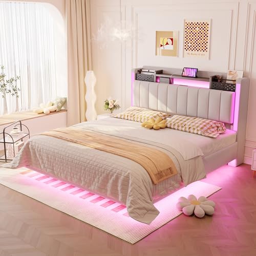 Polsterbett 140 * 200 mit LED-Beleuchtung und USB-Steckdose, Kopfteil mit Stauraum, Schwebebett Jugendbett Erwachsenenbett, Leinenstoff (Beige) von Mielvu