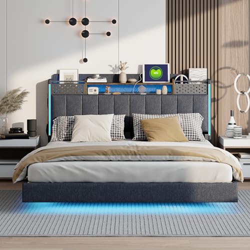 Polsterbett 160 * 200 mit LED-Beleuchtung und USB-Steckdose, Kopfteil mit Stauraum, Schwebebett Jugendbett Erwachsenenbett, Leinenstoff (Grau) von Mielvu