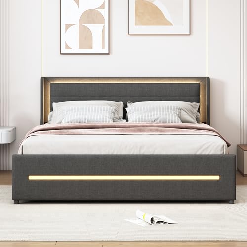 Polsterbett 160 * 200 mit farbwechselnder LED-Beleuchtung, mit Vier Ablagefächern, Leinenstoff, Doppelflachbett mit Lattenrost, Grau (Matratze Nicht enthalten) von Mielvu