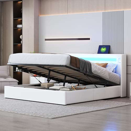 Polsterbett 160x200 Bett mit LED-Lichtleiste, Bluetooth-Player und USB-Aufladung, Stauraumbett aus PU-Leder, Hochbettkasten, Doppelbett mit Lattenrost (Weiß) von Mielvu