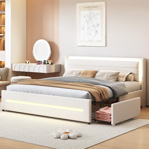 Polsterbett 180 * 200 mit farbwechselnder LED-Beleuchtung, mit Vier Ablagefächern, Leinenstoff, Doppelflachbett mit Lattenrost, (Matratze Nicht enthalten) (Beige) von Mielvu