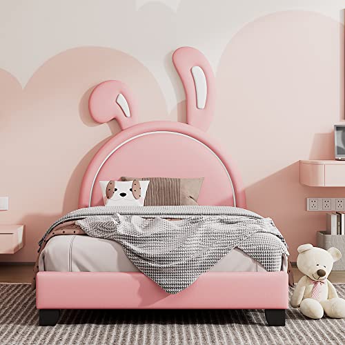 Polsterbett 90 * 200cm, Kinderbett mit Lattenrosten und Rückenlehne, Mädchenbett in Hasenohrform mit erhöhten Füßen, (Matratze Nicht enthaltet) (rosa) von Mielvu