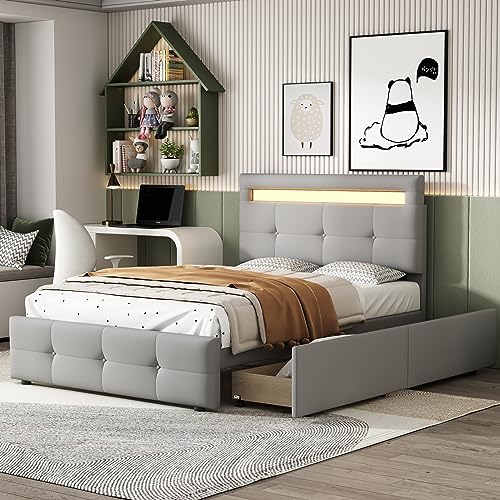 Polsterbett 90 * 200cm mit LED-Leuchten, 2 Schubladen, hautfreundlicher Leinenpolsterung flach Einzelbett Kinderbett Jugendbett Gästebett (Grau) von Mielvu