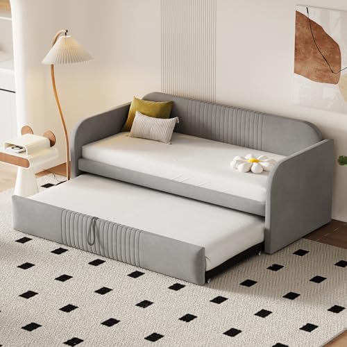 Polsterbett Ausziehbares Schlafsofa 90/180 * 190 cm, mit vertikalen Streifen, mit Lattenrost, Multifunktionsbett, komfortabler und atmungsaktiver Leinenstoff, Hellgrau (Matratze Nicht enthalten) von Mielvu