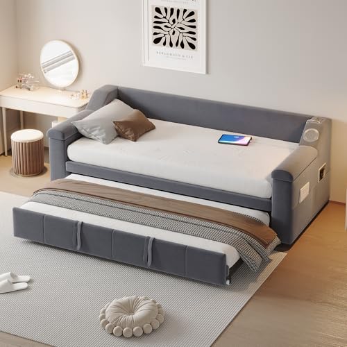 Polsterbett Schlafsofa, 90/180 * 190 cm, Armlehnen Breiter und Dicker, Mit Smart Bluetooth-Stereoanlage Mit USB-Ladeanschluss, Mit Ablagefächern, Mit Lattenrost, Samtstoff (Grau) von Mielvu