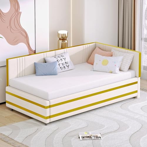 Polsterbett Sofabett 90 * 200 Multifunktionsbett mit Lattenrost Hautfreundlicher Samtstoff (Beige) von Mielvu
