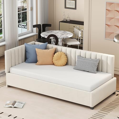 Polsterbett Sofabett 90 * 200 Multifunktionsbett mit Lattenrost Hautfreundlicher Samtstoff (Beige) von Mielvu
