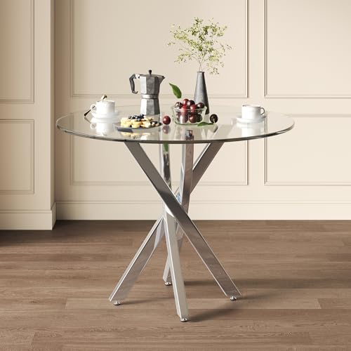 Runder Esstisch, 80 * 80 * 75 Tischplatte aus gehärtetem Glas, moderner, galvanisierte Tischbeine, Kaffee-Freizeittisch, moderner einfacher, Silber Runder Esstisch, 80 * 80 * 75 Tischplatte aus gehärtetem Glas, moderner, galvanisierte Tischbeine, Kaffee-Freizeittisch, moderner einfacher, Silber von Mielvu